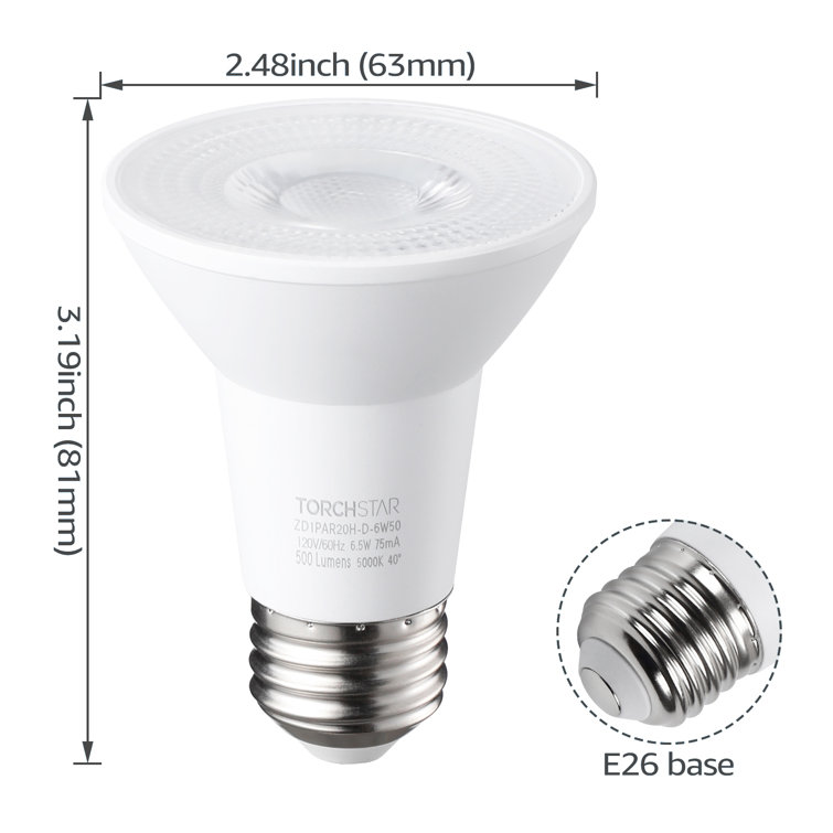 TORCHSTAR 5000K Dimmable PAR20 LED Spotlight Bulbs 6.5W 50W